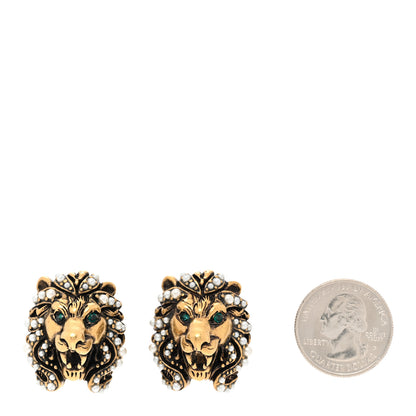 Gucci Metal Crystal Lion Clip On Earrings Aged Gold 2 of 4