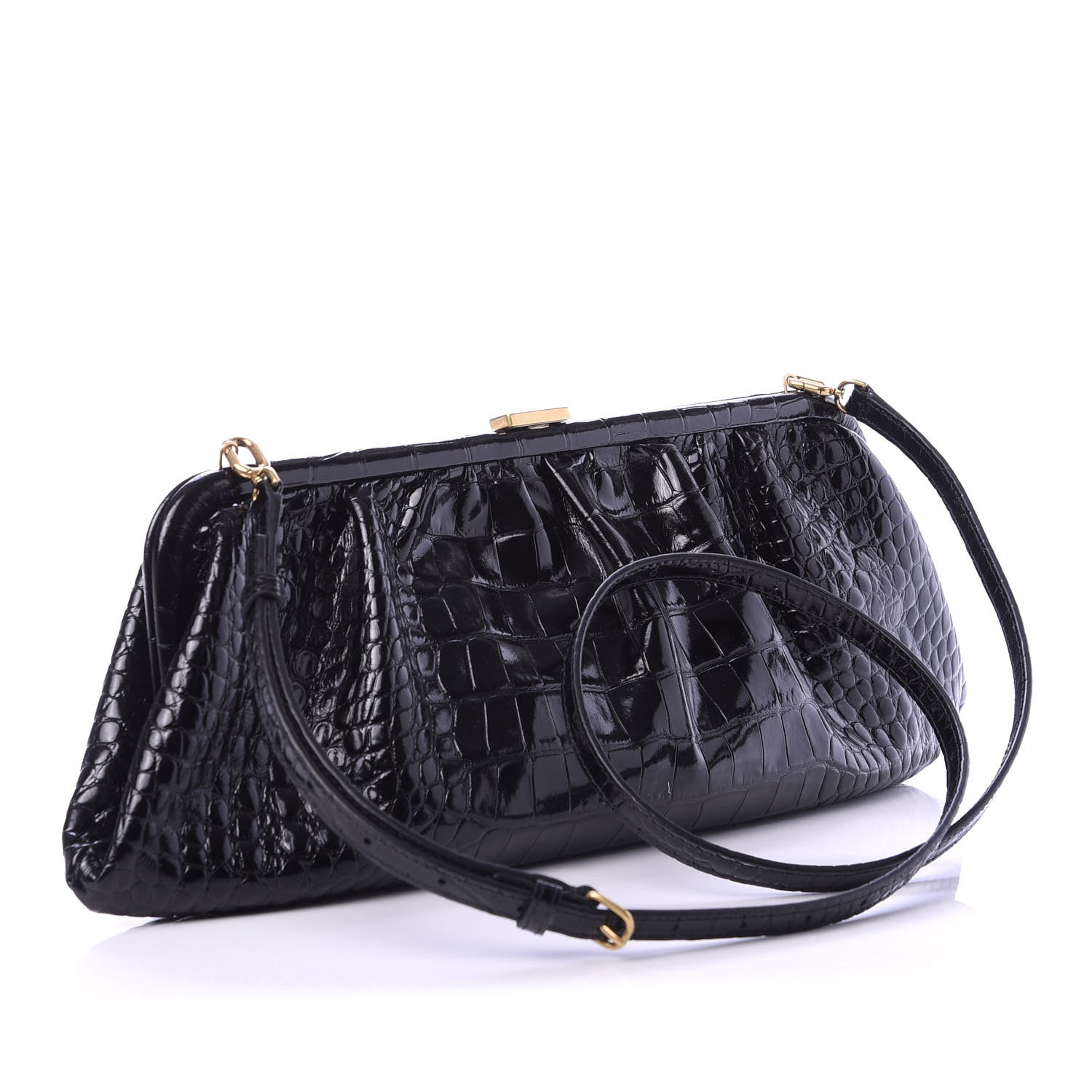 Balenciaga Shiny Supple Calfskin Logo Crocodile Embossed XL Cloud Clutch Black White 3 of 10