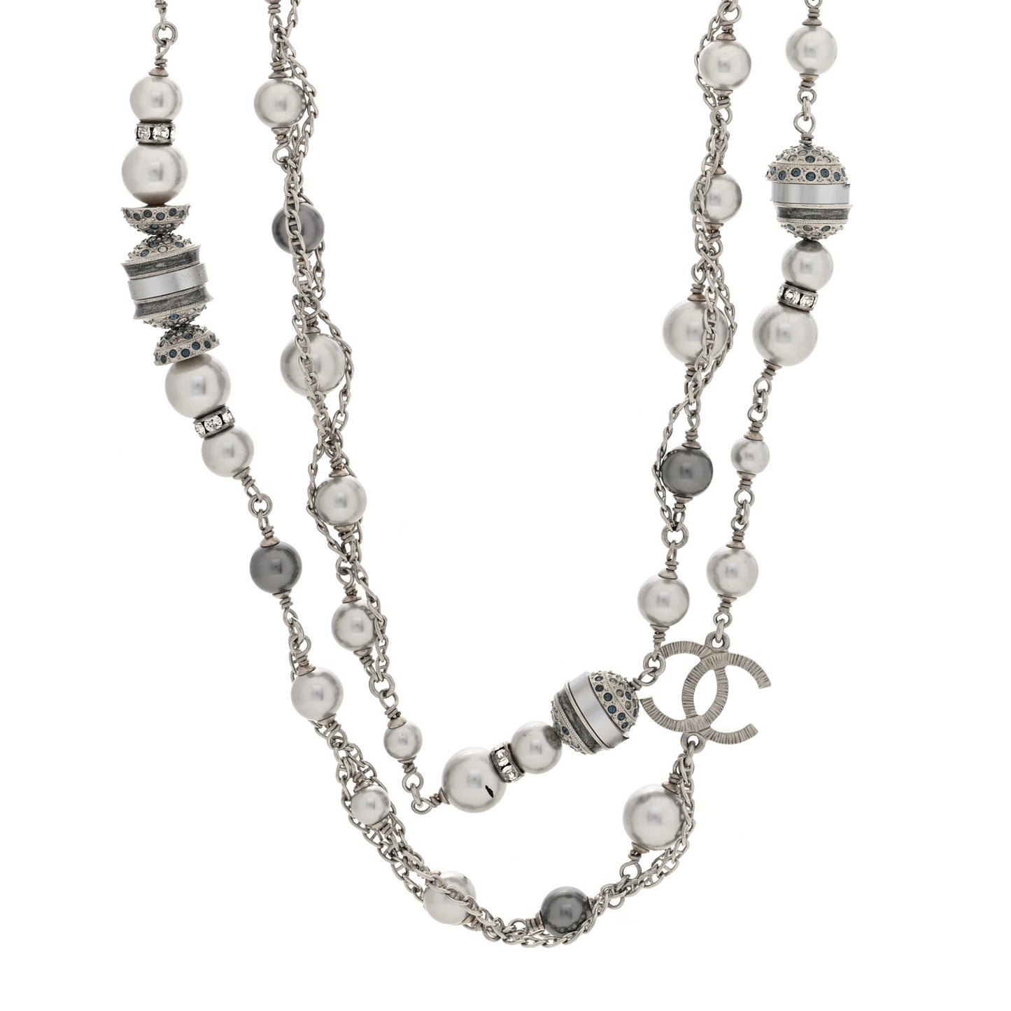 Metal Crystal Pearl CC Long Necklace Silver