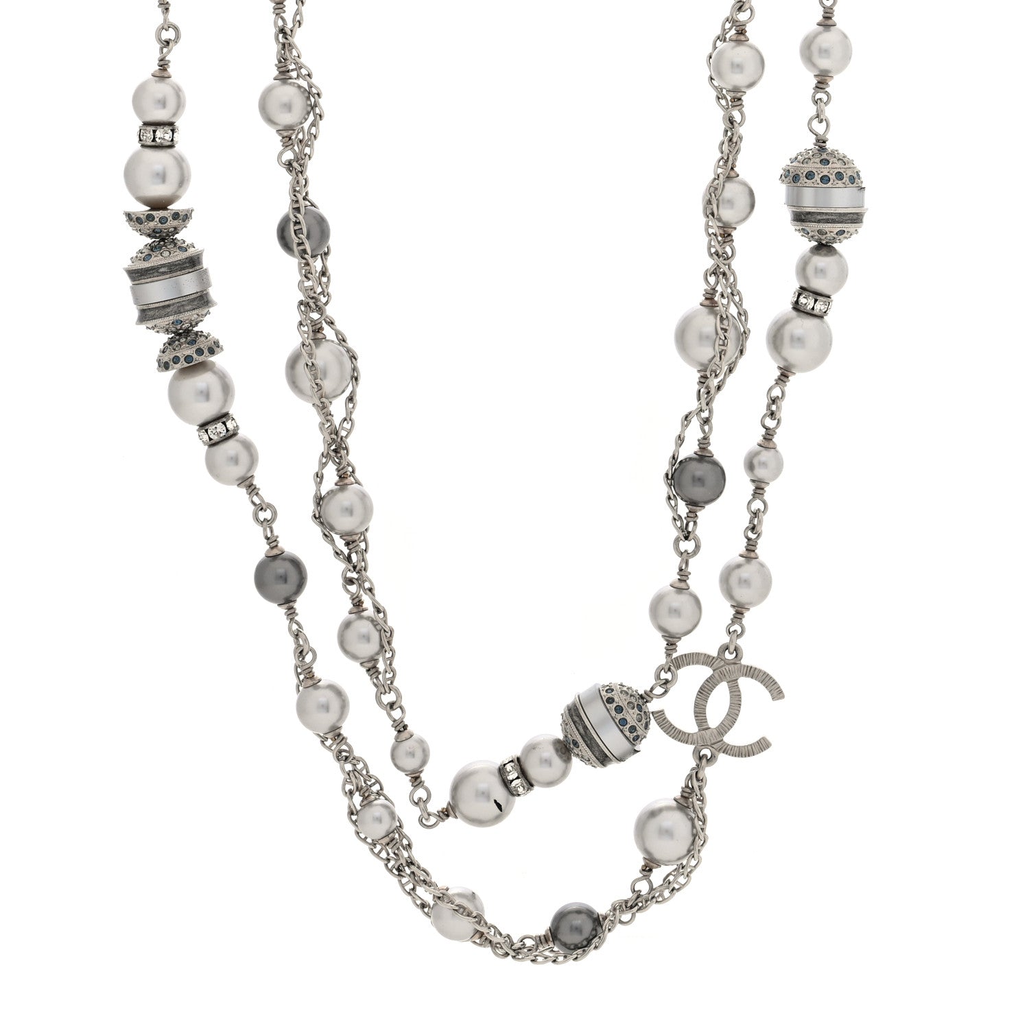 Chanel Metal Crystal Pearl CC Long Necklace Silver 1 of 5