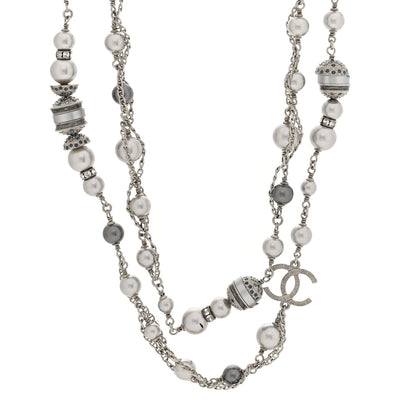 Chanel Metal Crystal Pearl CC Long Necklace Silver 1 of 5