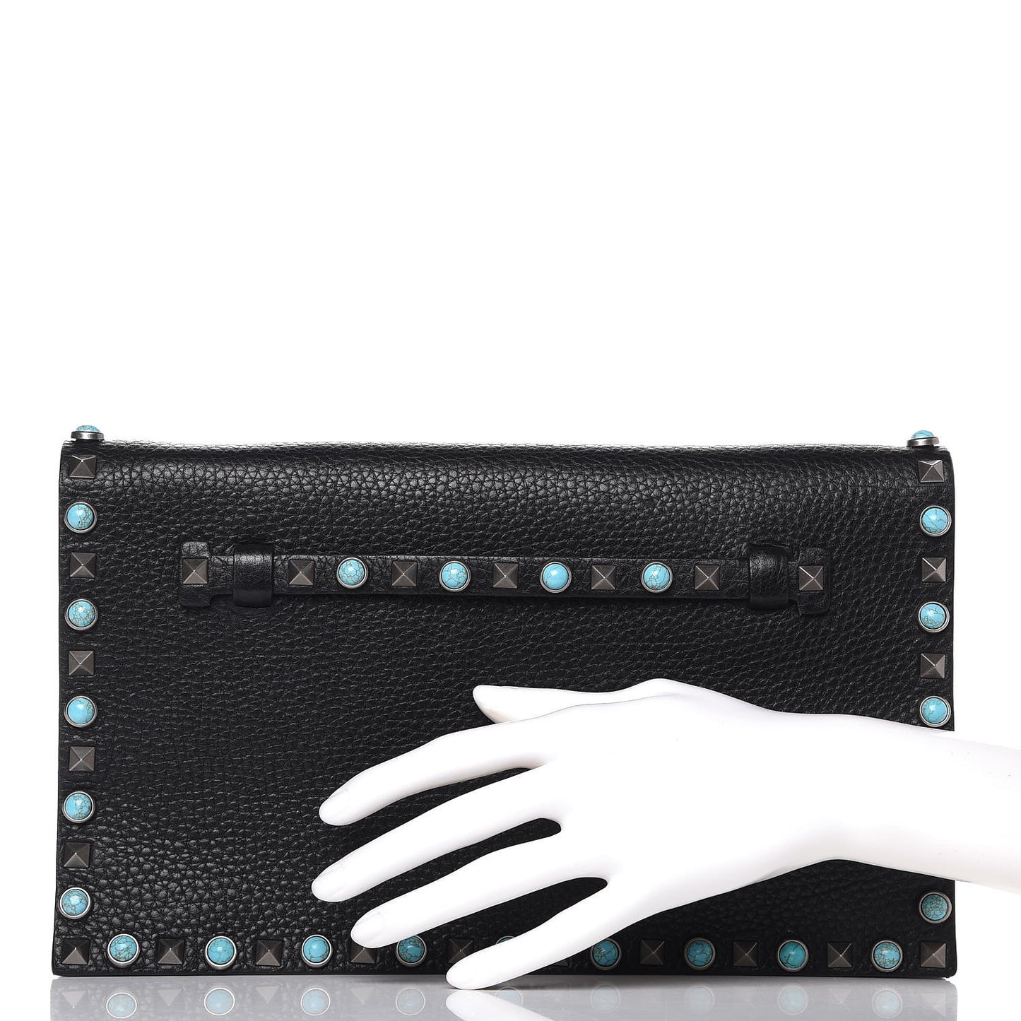 Pebbled Calfskin Rockstud Rolling Wristlet Clutch Black