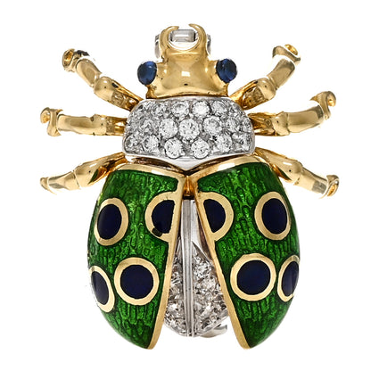 Tiffany 18K Yellow White Gold Diamond Enamel Ladybug Brooch Pin Green 1 of 3