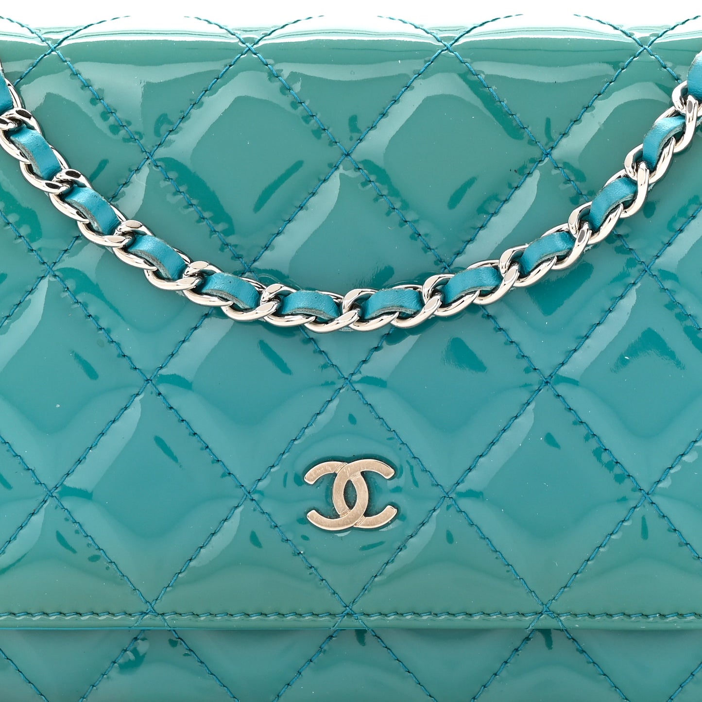 Patent Quilted Wallet On Chain WOC Turquoise Blue