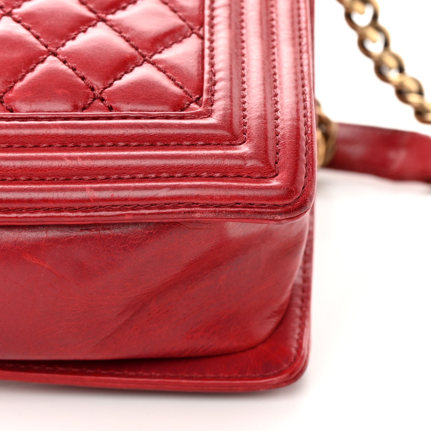 Aged Glazed Calfskin Quilted Large Boy Flap Red
