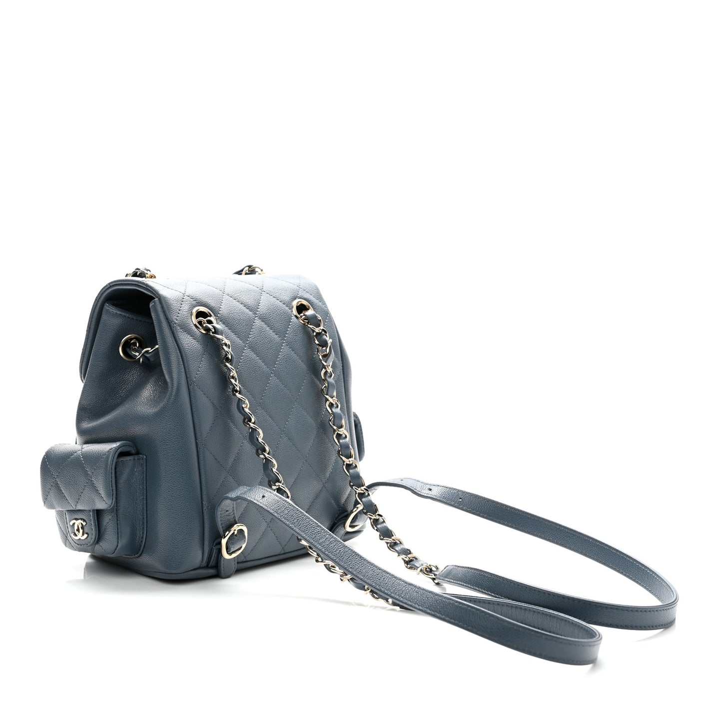 Shiny Caviar Quilted Small Duma Pockets Drawstring Backpack Blue