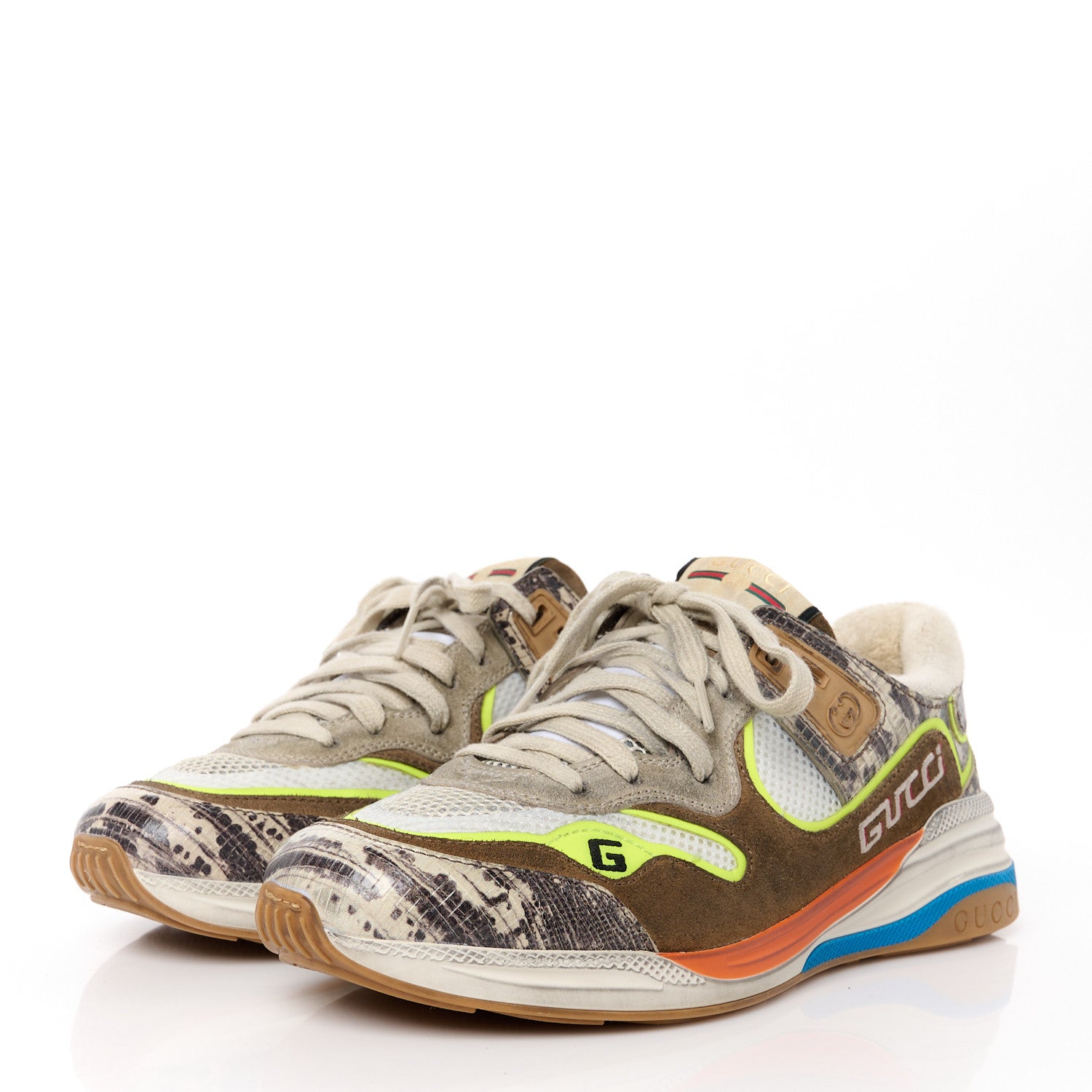 Gucci Suede Calfskin Tejus Printed Womens Ultrapace Sneakers 39 Natural Ardesia Neon Yellow 3 of 11