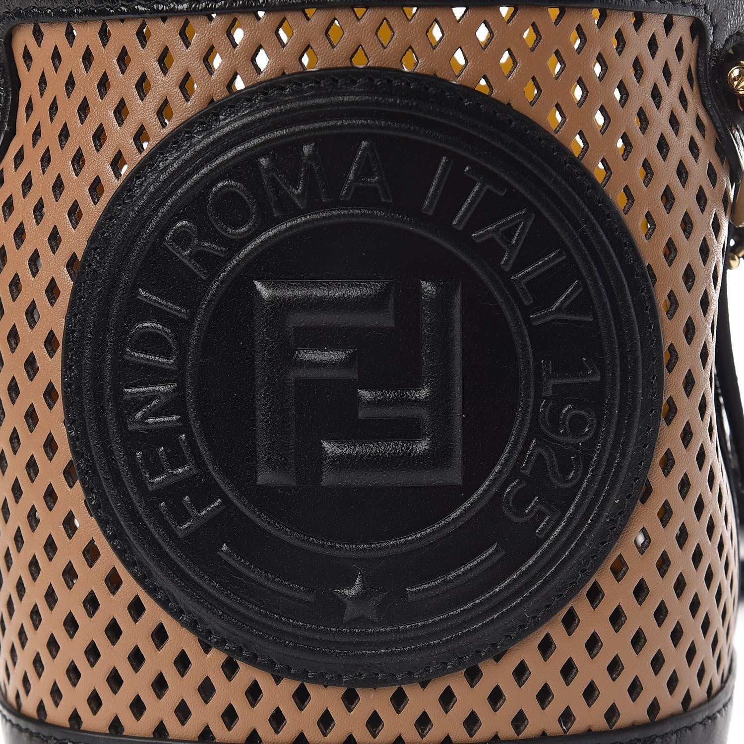 Fendi Vitello Liberty Glossy Lambskin F is Fendi Perforated Mini Mon Tresor Bucket Bag Sand Mimosa Black 9 of 9