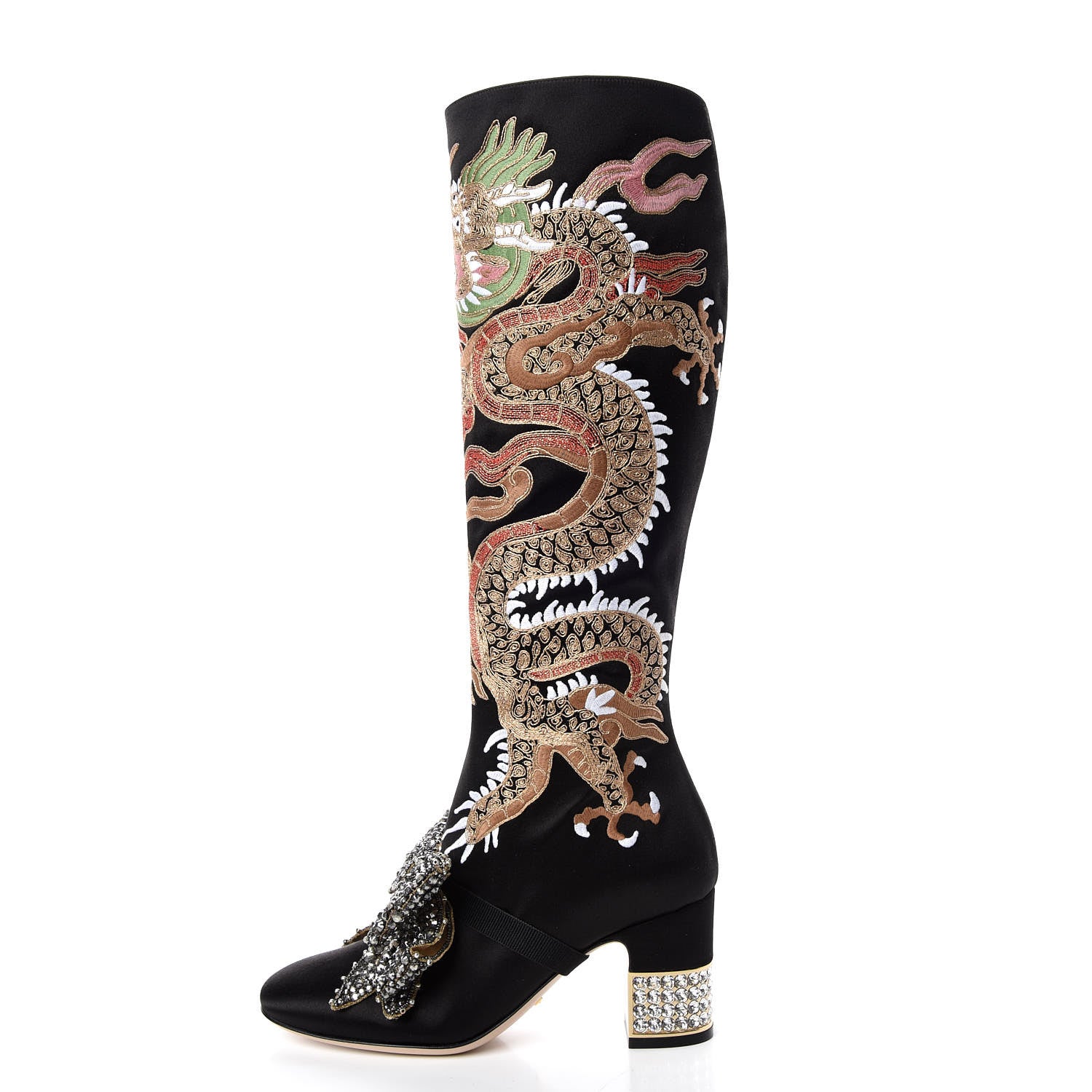 Gucci Silk Satin Malaga Kid Embroidered Candy Dragon Block-Heel Knee Boot 35 Black 1 of 11