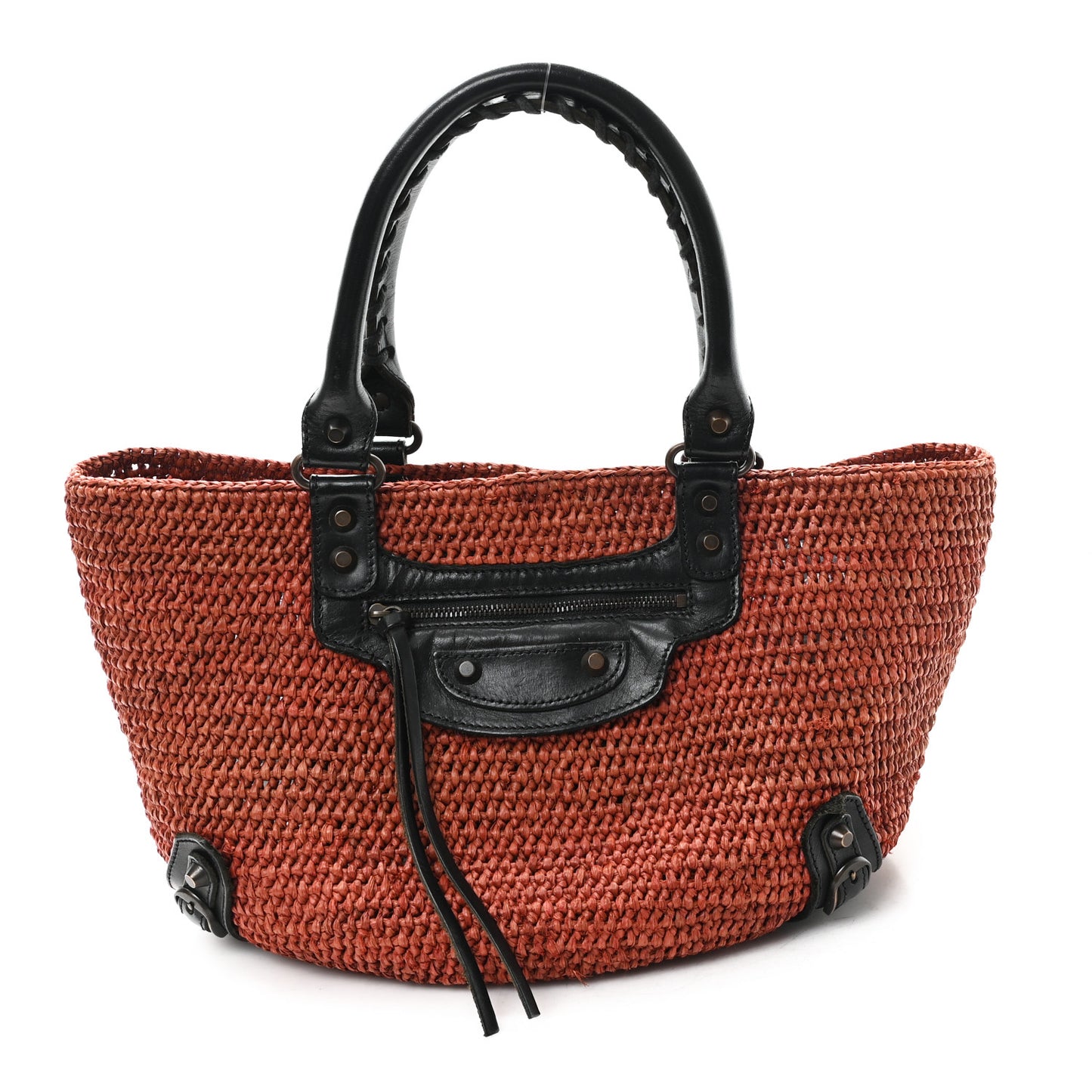 Raffia Calfskin Panier Basket Tote Brown Black