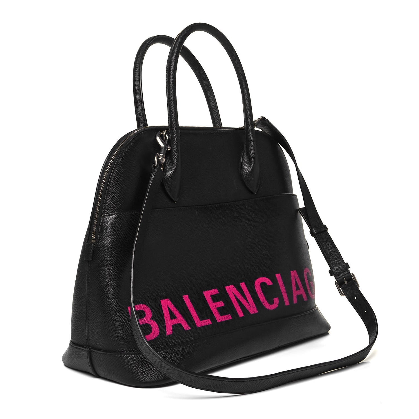 Signature Grained Calfskin Logo M Ville Top Handle Bag Black Rose Shocking