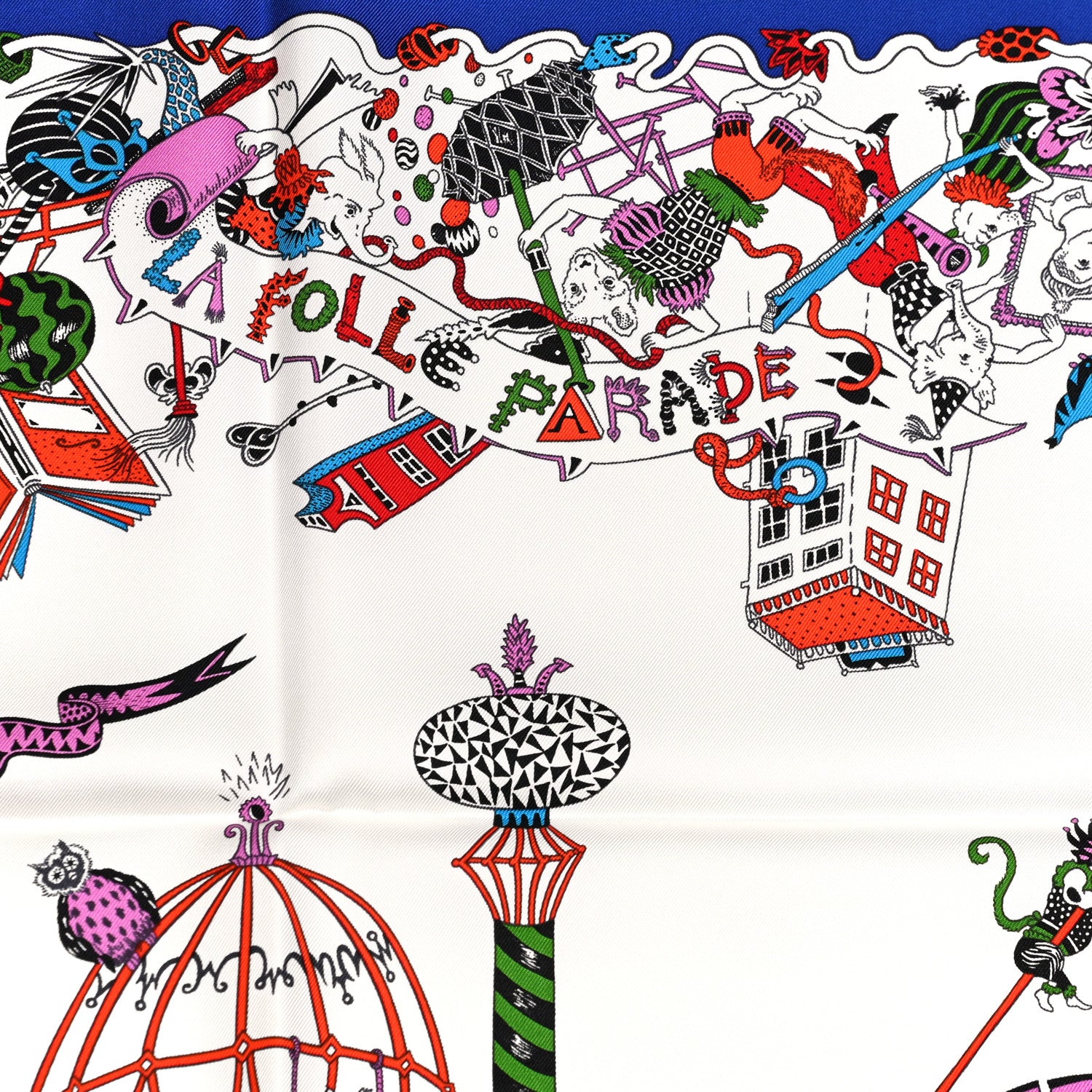 Hermes Silk La Folle Parade Scarf 90 Bleu Roy White Rouge 4 of 5