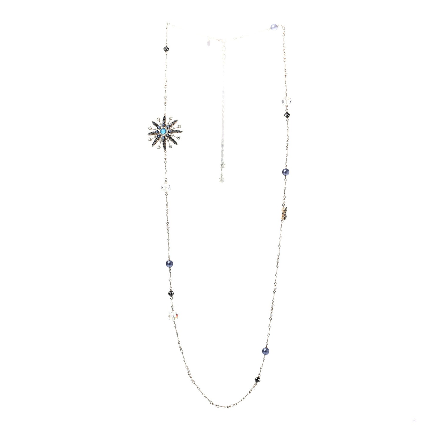 Crystal Pearl Bead CC Long Necklace Gold Blue