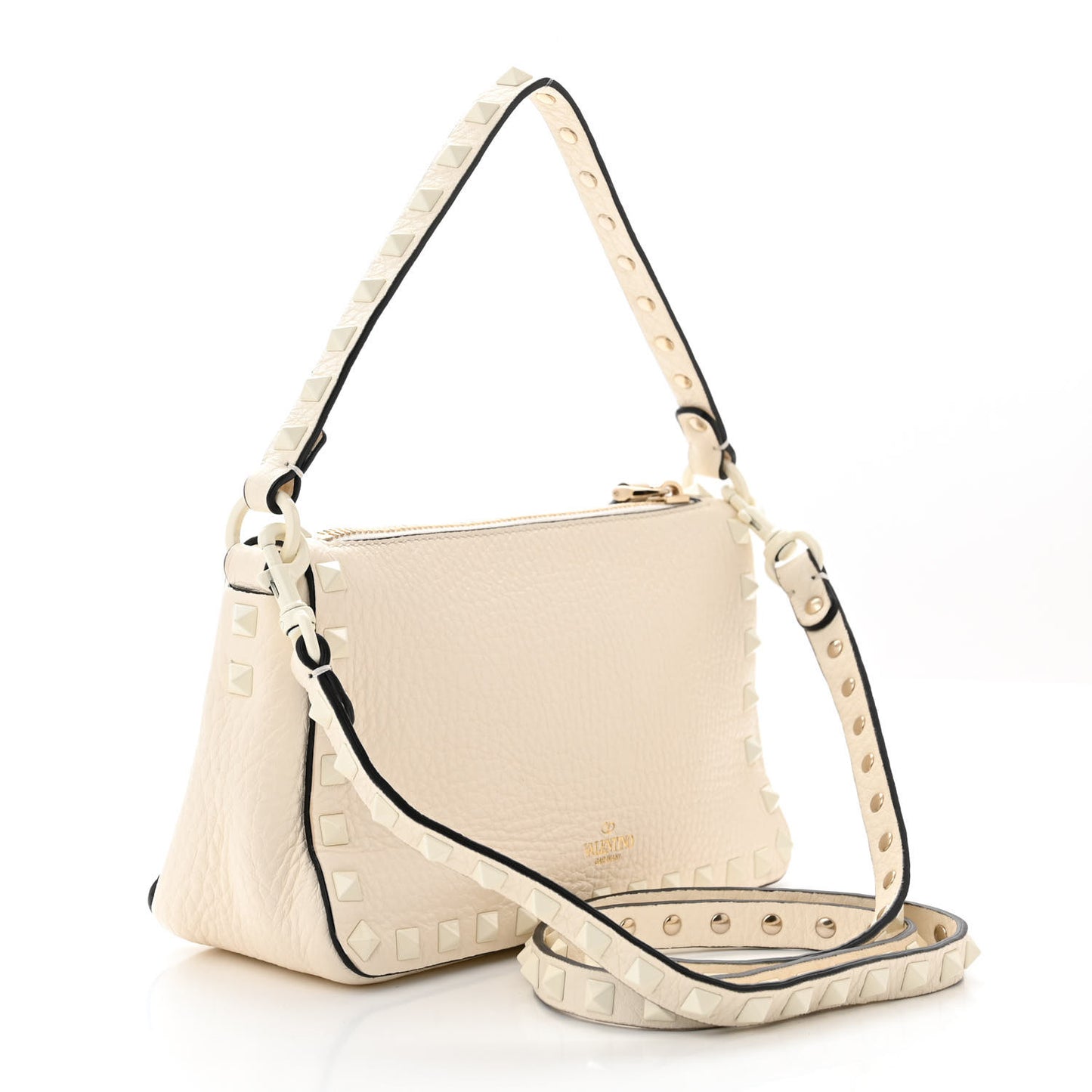 Pebbled Calfskin Enamel Monochrome Small Rockstud Flip Lock Shoulder Bag Light Ivory