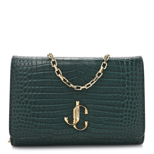 Calfskin Crocodile Embossed Varenne Chain Clutch Dark Green