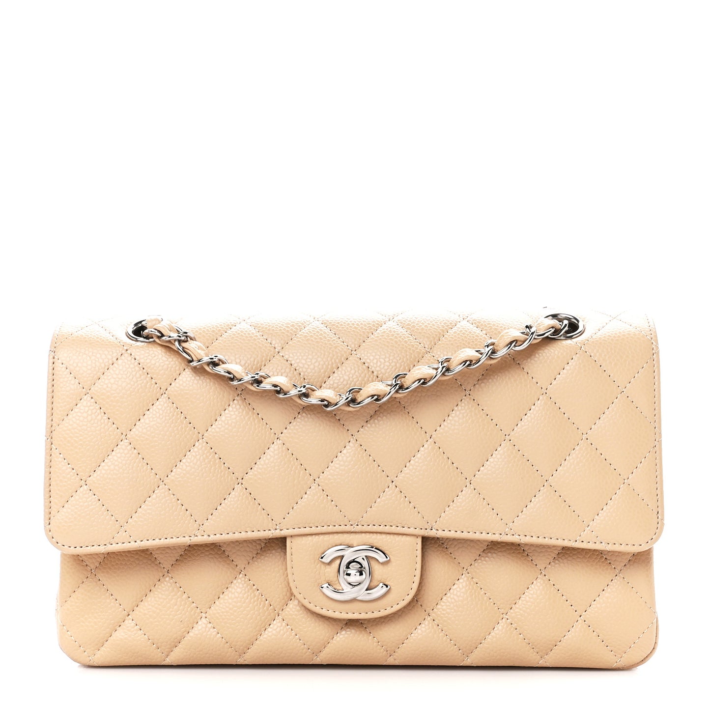 Caviar Quilted Medium Double Flap Light Beige