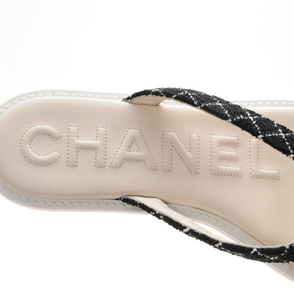 Chanel Tweed Quilted Camellia Thong Sandals 39.5 Black White 7 of 9
