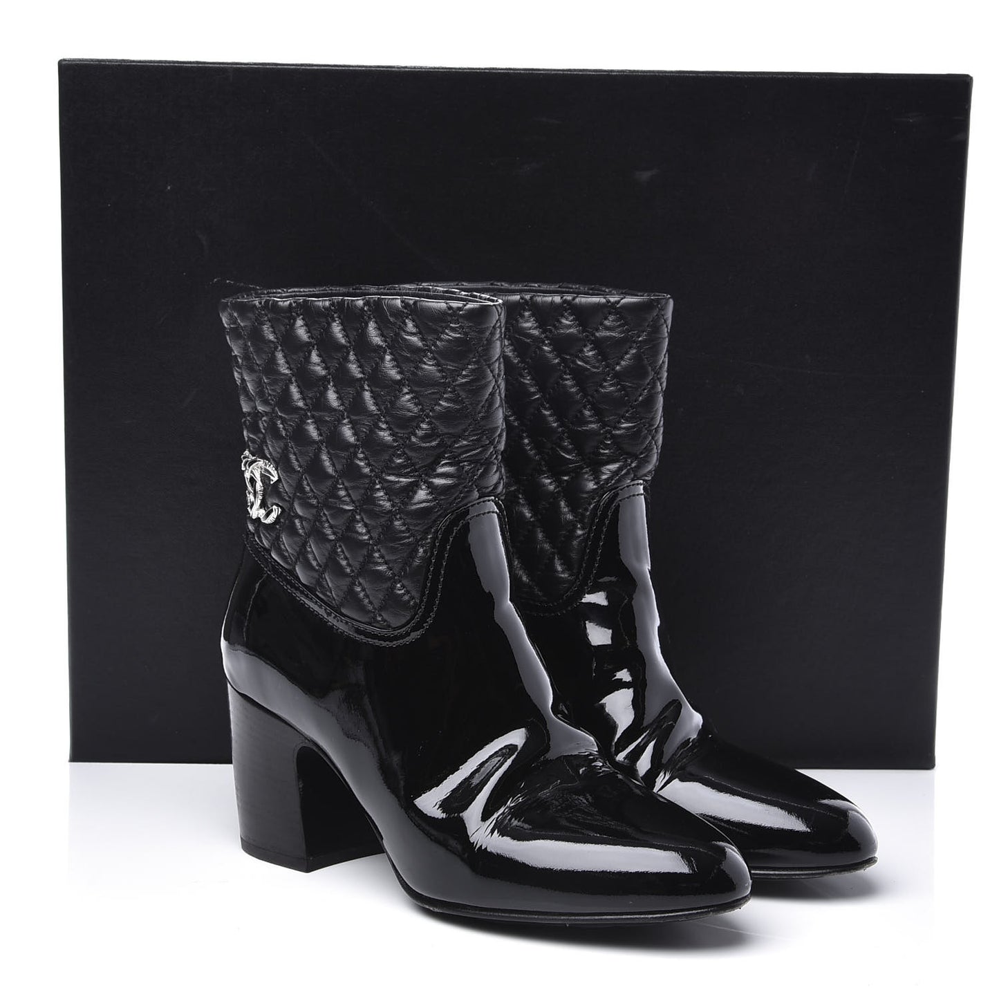 Calfskin Patent Quilted CC Short Boots 39.5 Black