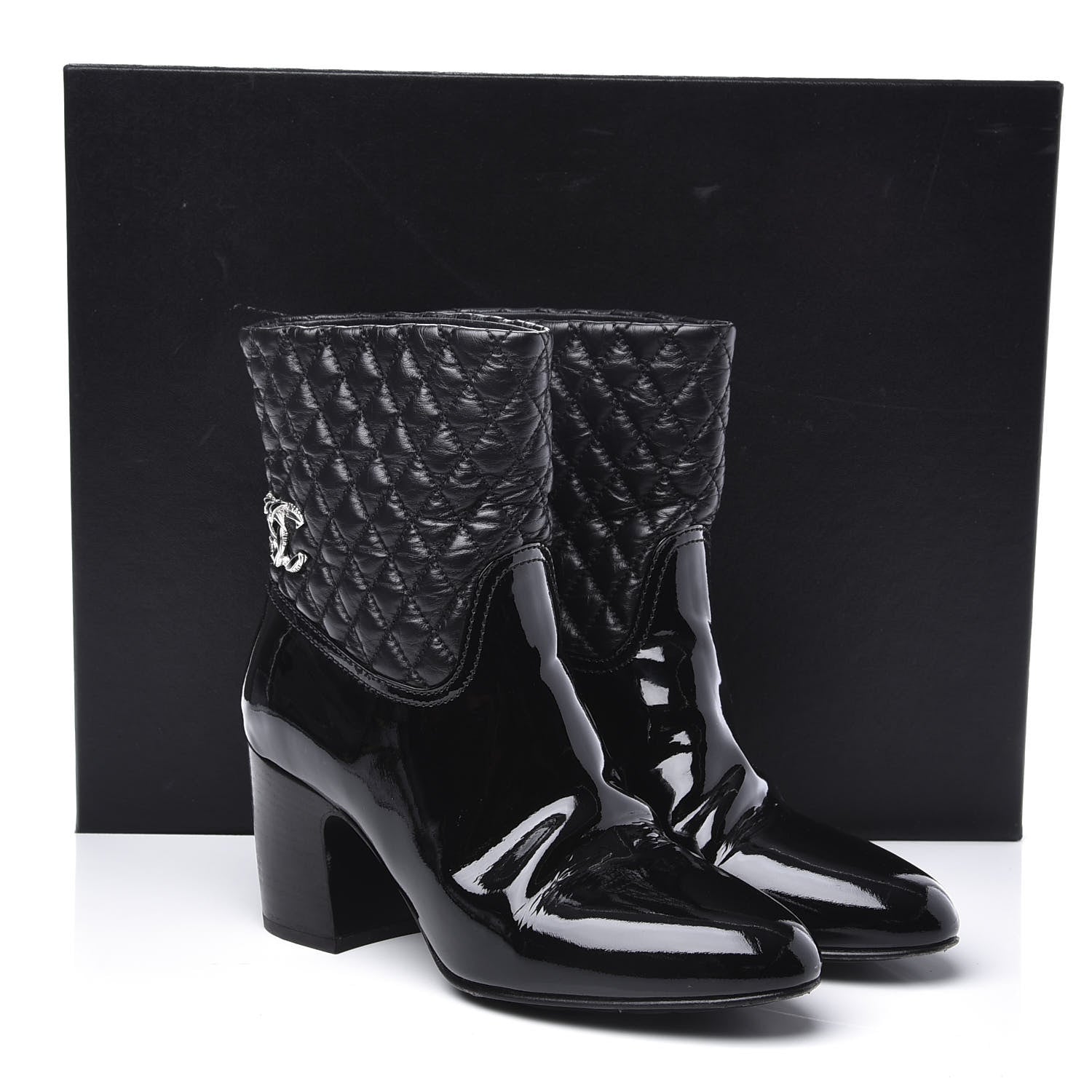 Chanel Calfskin Patent Quilted CC Short Boots 39.5 Black 11 of 11