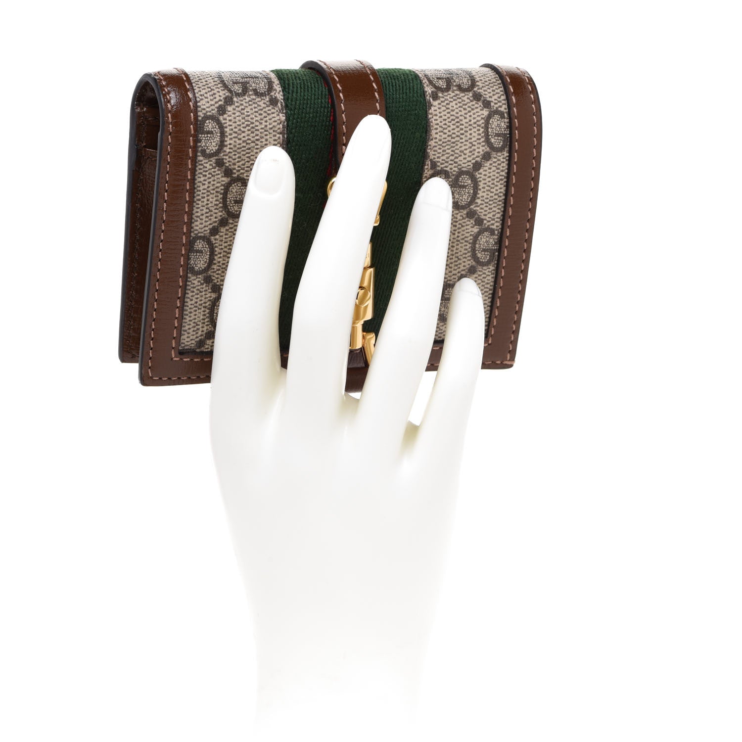 Gucci GG Supreme Monogram Textured Calfskin Web Jackie 1961 Card Case Beige Ebony Brown Sugar 2 of 7