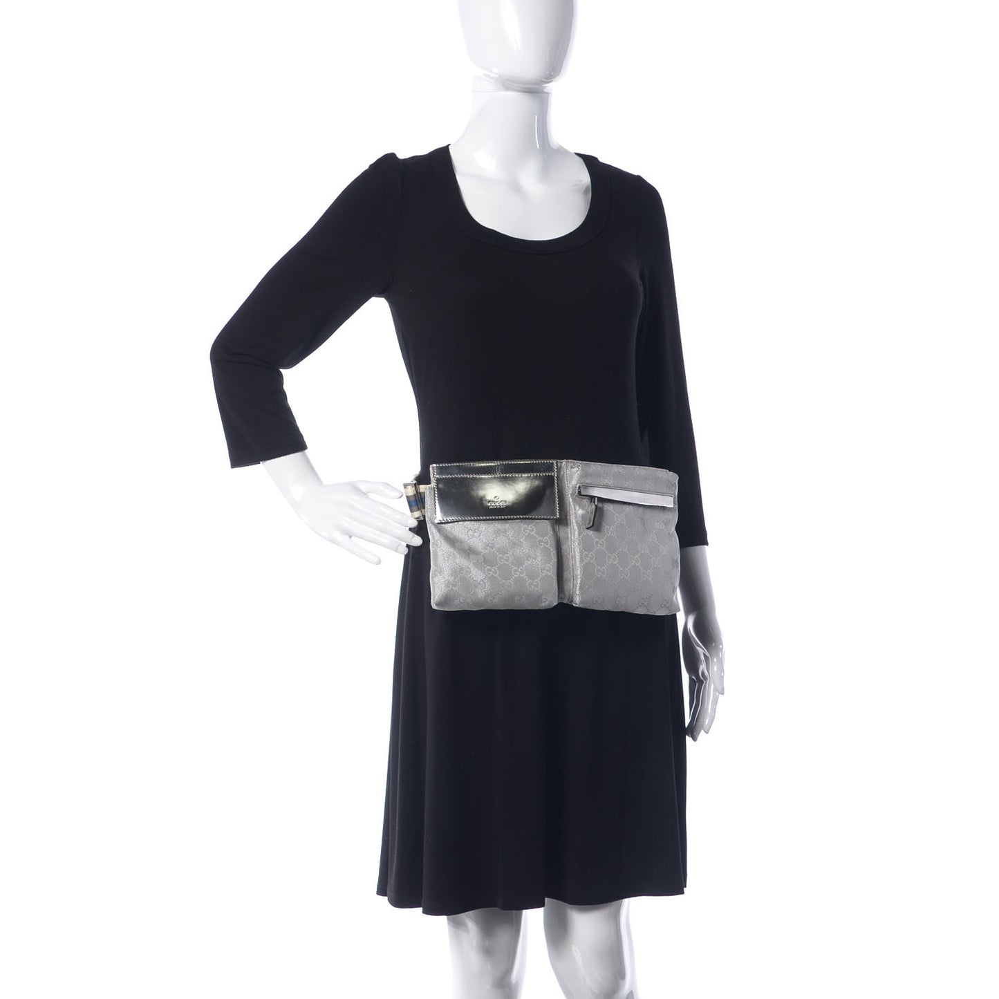 GG Monogram Web Double Pocket Belt Bag Silver