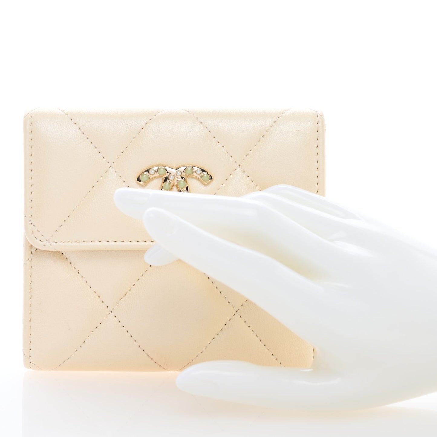 Iridescent Calfskin Quilted Compact Flap Wallet Beige
