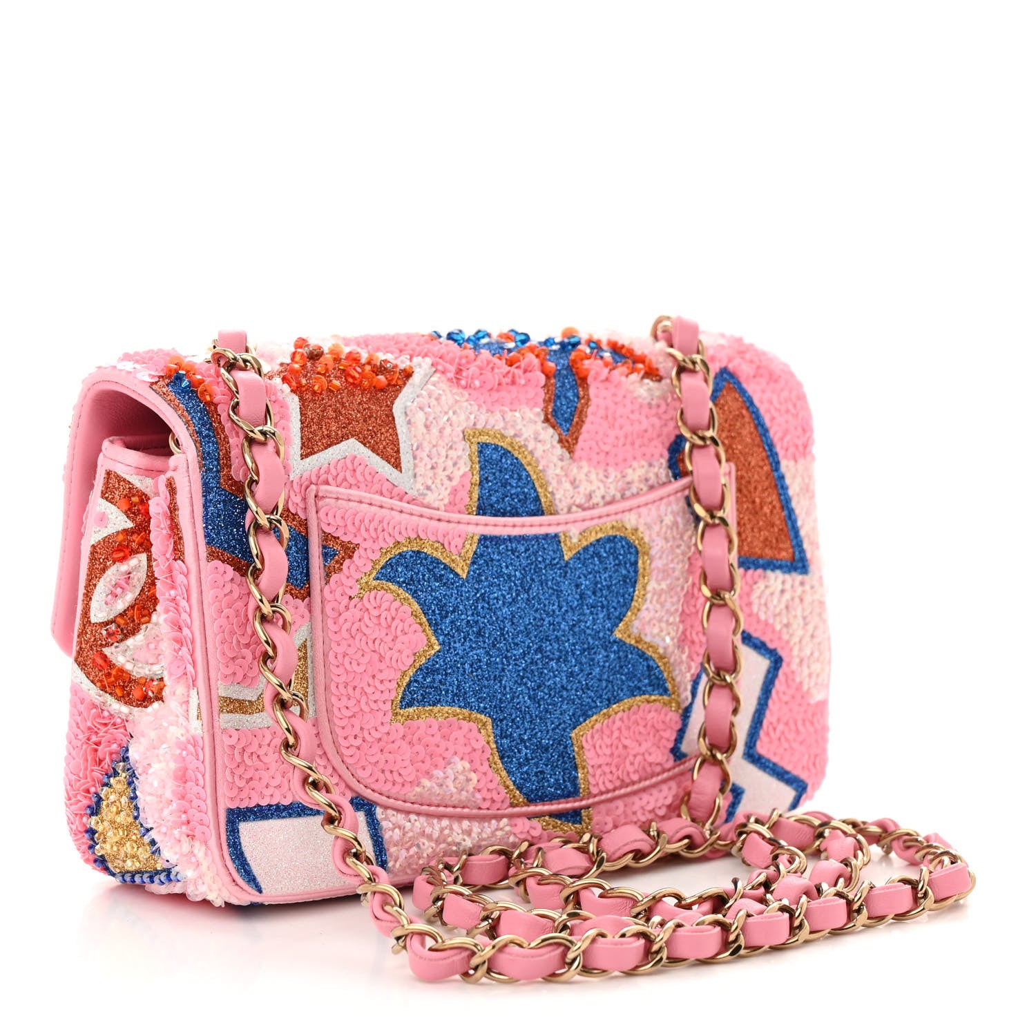 Chanel Satin Sequin Embellished Mini Rectangular Flap Pink White Blue Red 3 of 11