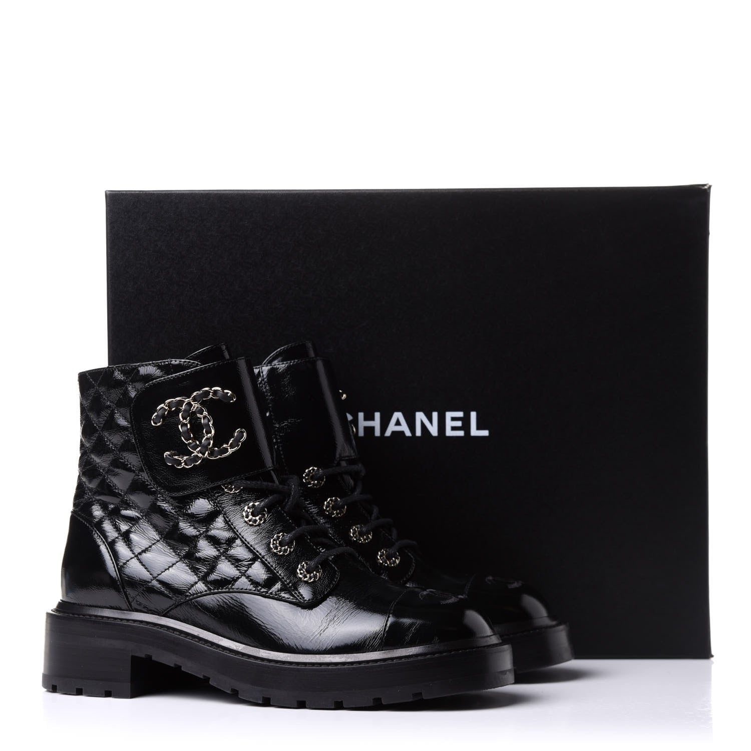 Chanel Shiny Calfskin Quilted Lace Up Combat Boots 38.5 Black 10 of 10
