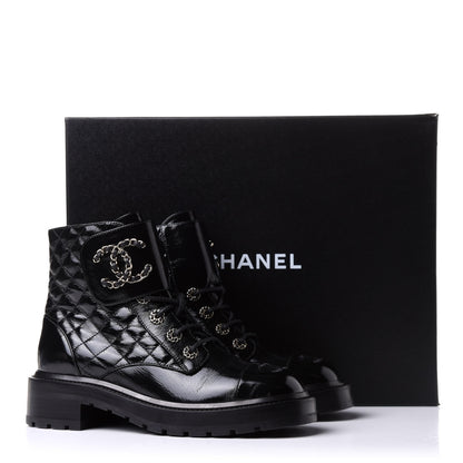 Chanel Shiny Calfskin Quilted Lace Up Combat Boots 38.5 Black 10 of 10