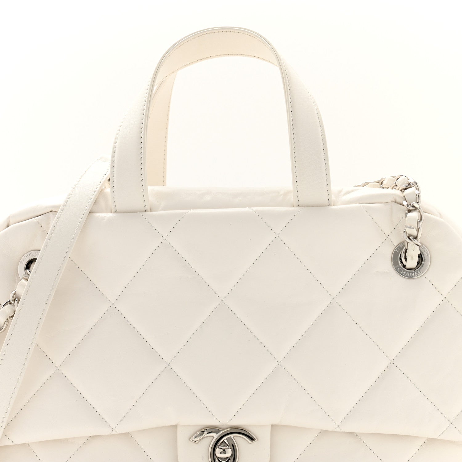 Chanel Aged Calfskin Quilted Small Express Bowling Bag White 8 of 11