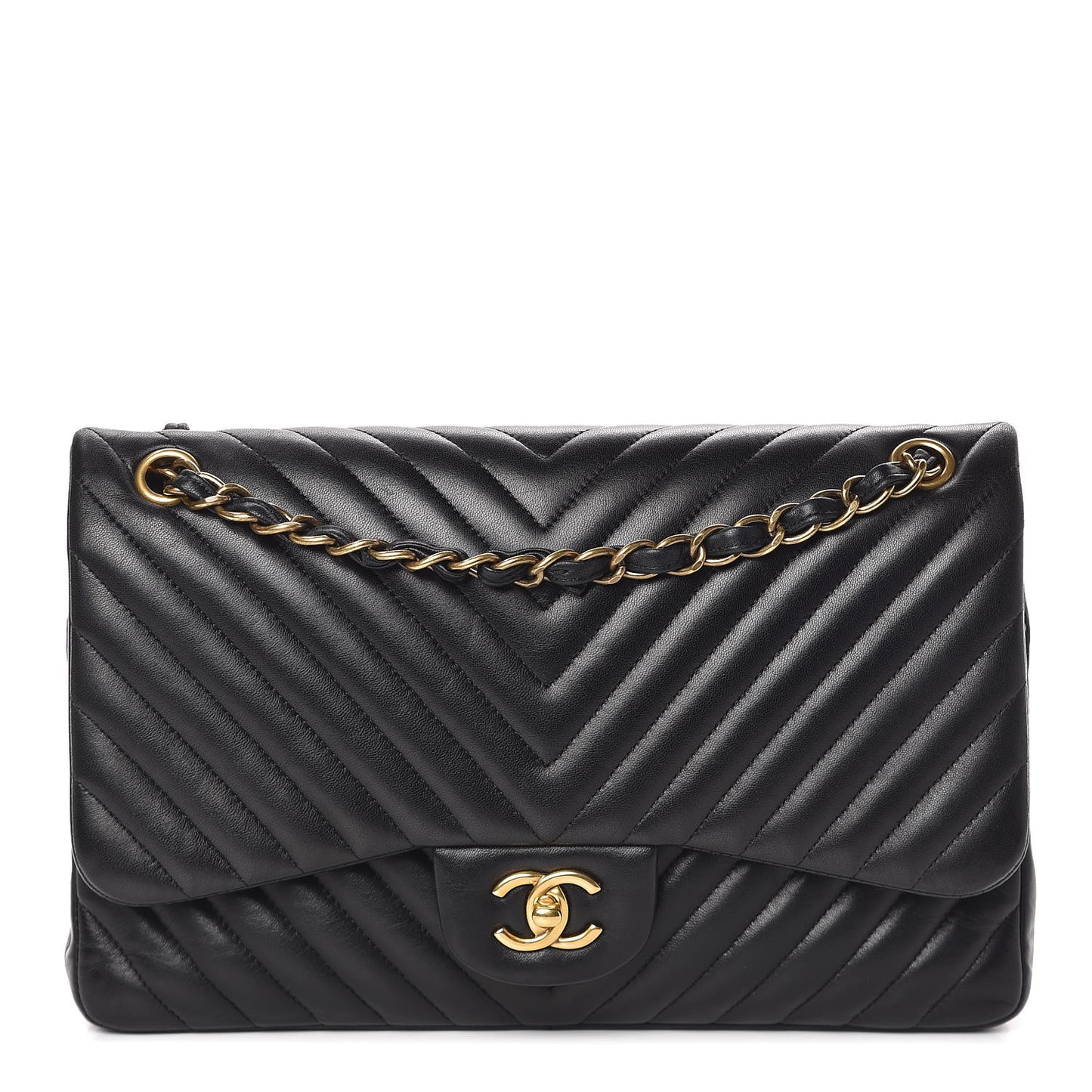 Lambskin Chevron Quilted Jumbo Double Flap Black