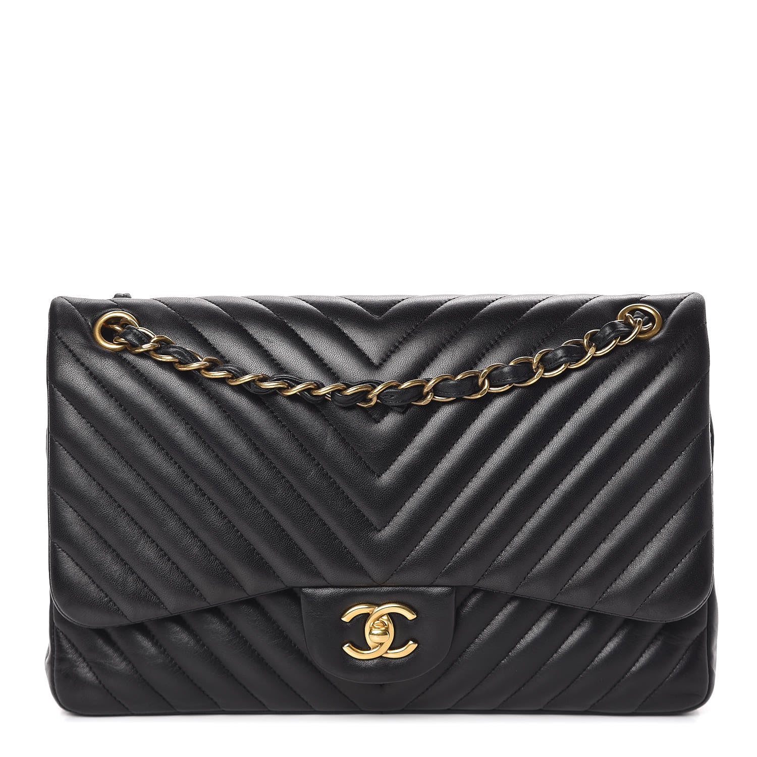 Chanel Lambskin Chevron Quilted Jumbo Double Flap Black 1 of 9