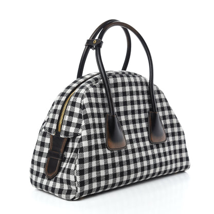Prada Jacquard Check Vitello Vintage Vichy Bowler Bag White Black 3 of 12
