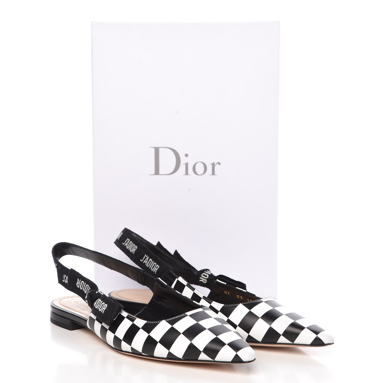 Christian Dior Calfskin Ribbon Checker Print J'Adior Slingback Ballet Flats 38 Black White 9 of 9