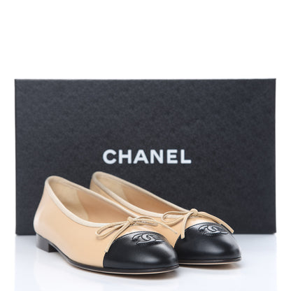 Chanel Lambskin Cap Toe CC Ballerina Flats 36.5 Beige Black 9 of 9