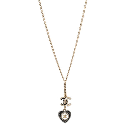 Chanel Crystal CC Heart Necklace Black Pearly White Gold 1 of 7