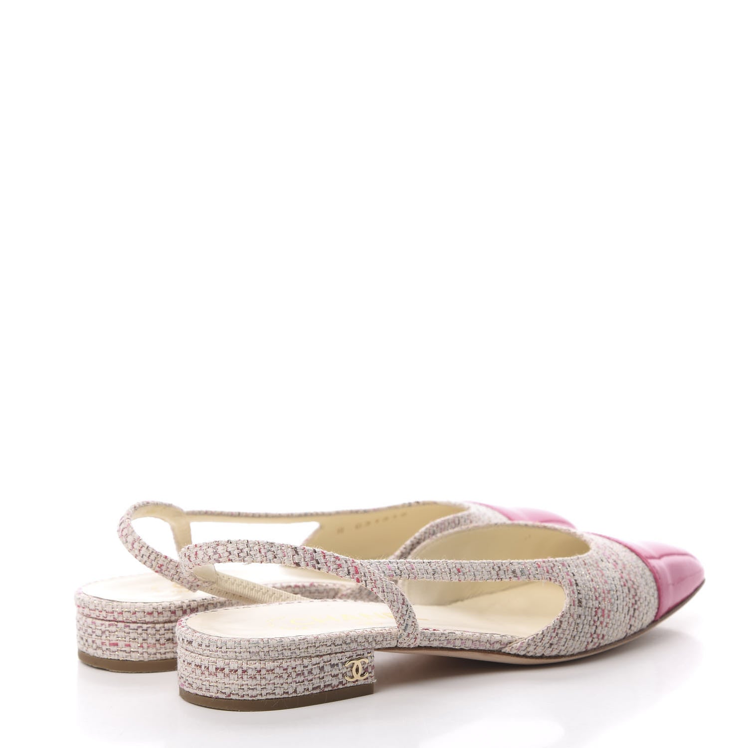Chanel Tweed Patent Cap Toe CC Slingback Flat 36.5 Pink White 4 of 10