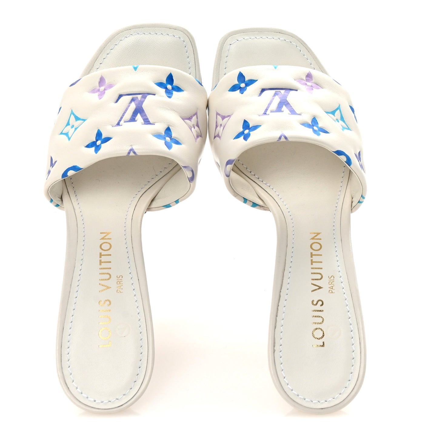 Lambskin Embossed Monogram By The Pool Revival High Heel Mules 38 White Blue Purple
