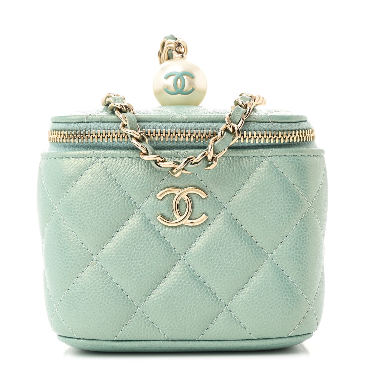 Iridescent Caviar Quilted Mini Pearl On Top Vanity Case With Chain Green