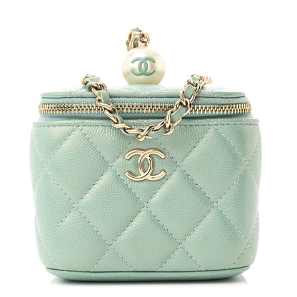 Chanel Iridescent Caviar Quilted Mini Pearl On Top Vanity Case With Chain Green 1 of 11