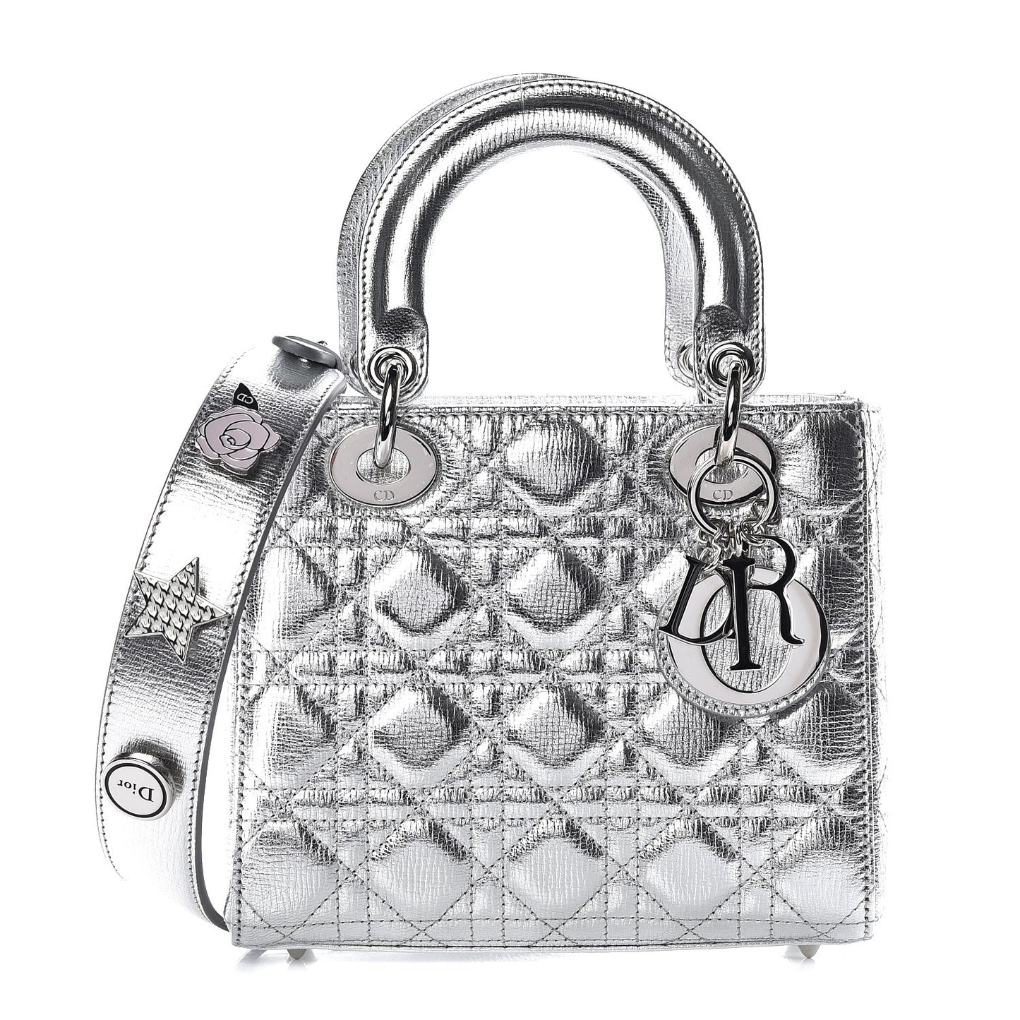 Metallic Grained Calfskin Cannage Small Lucky Badges My Lady Dior Silver