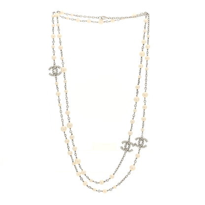 Chanel Pearl Baguette Crystal CC Long Necklace Silver 1 of 4