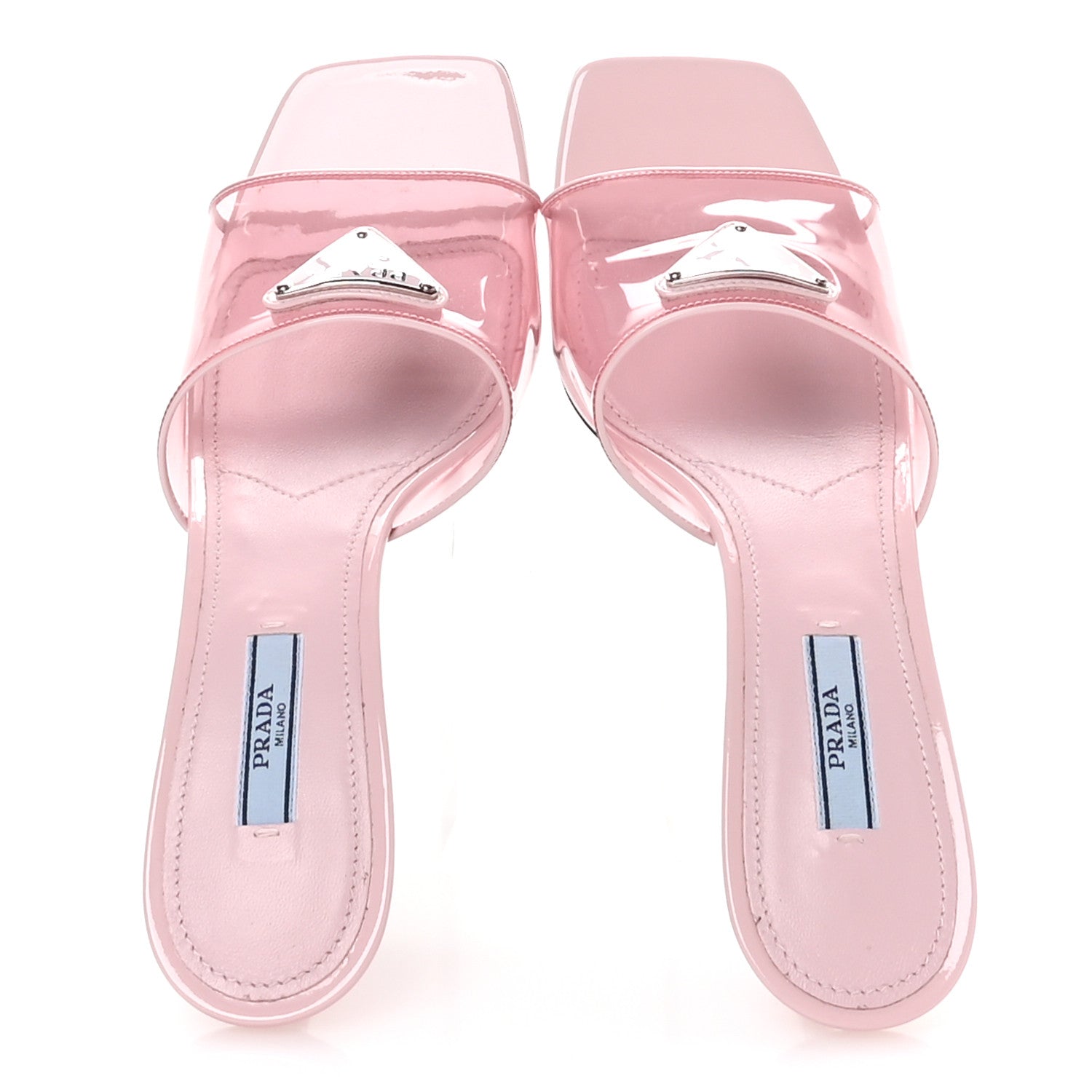 Prada Plexiglass Vernice Metal Triangle Logo 65mm Slide Sandals 37.5 Alabastro 2 of 8