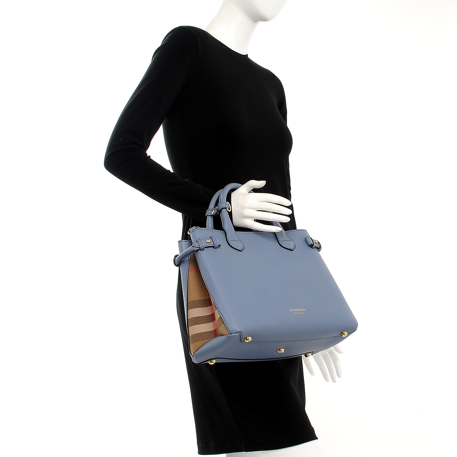 Burberry Derby Calfskin House Check Medium Banner Tote Slate Blue 2 of 11