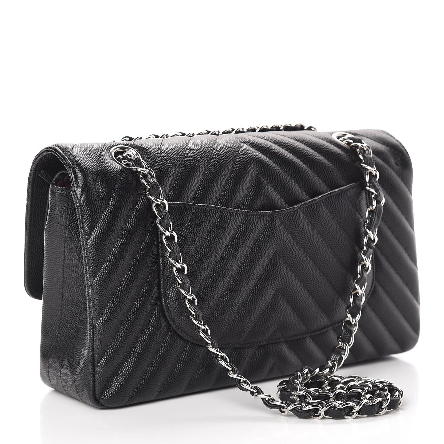 Caviar Chevron Quilted Medium Double Flap Black