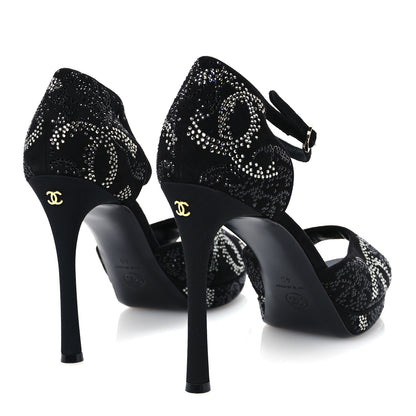 Chanel Suede Kidskin Strass CC Platform Sandals 40 Black Silver 5 of 10