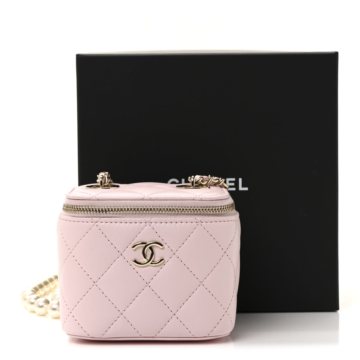 Lambskin Quilted Mini Vanity Case With Pearl Chain Light Pink