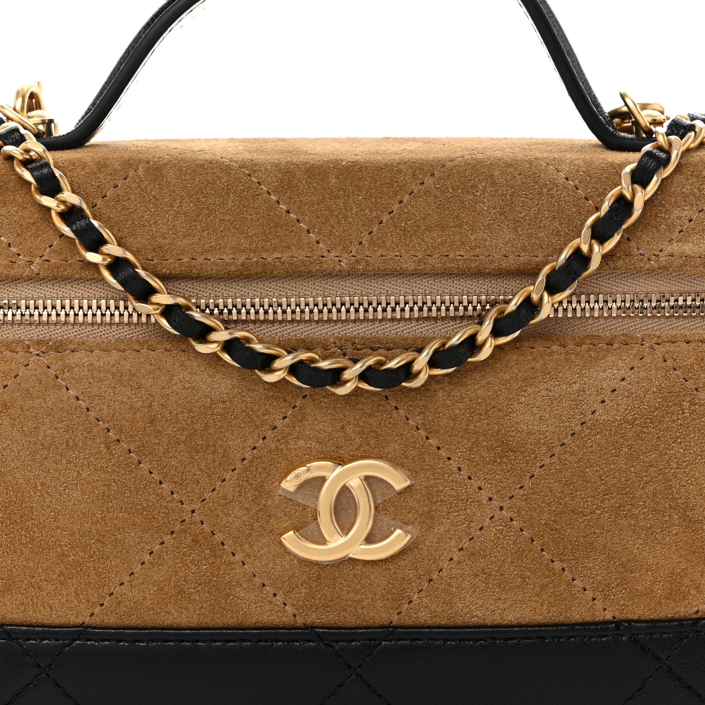 Suede Calfskin Shiny Lambskin Quilted Top Handle Slim Vanity Case With Chain Beige Black