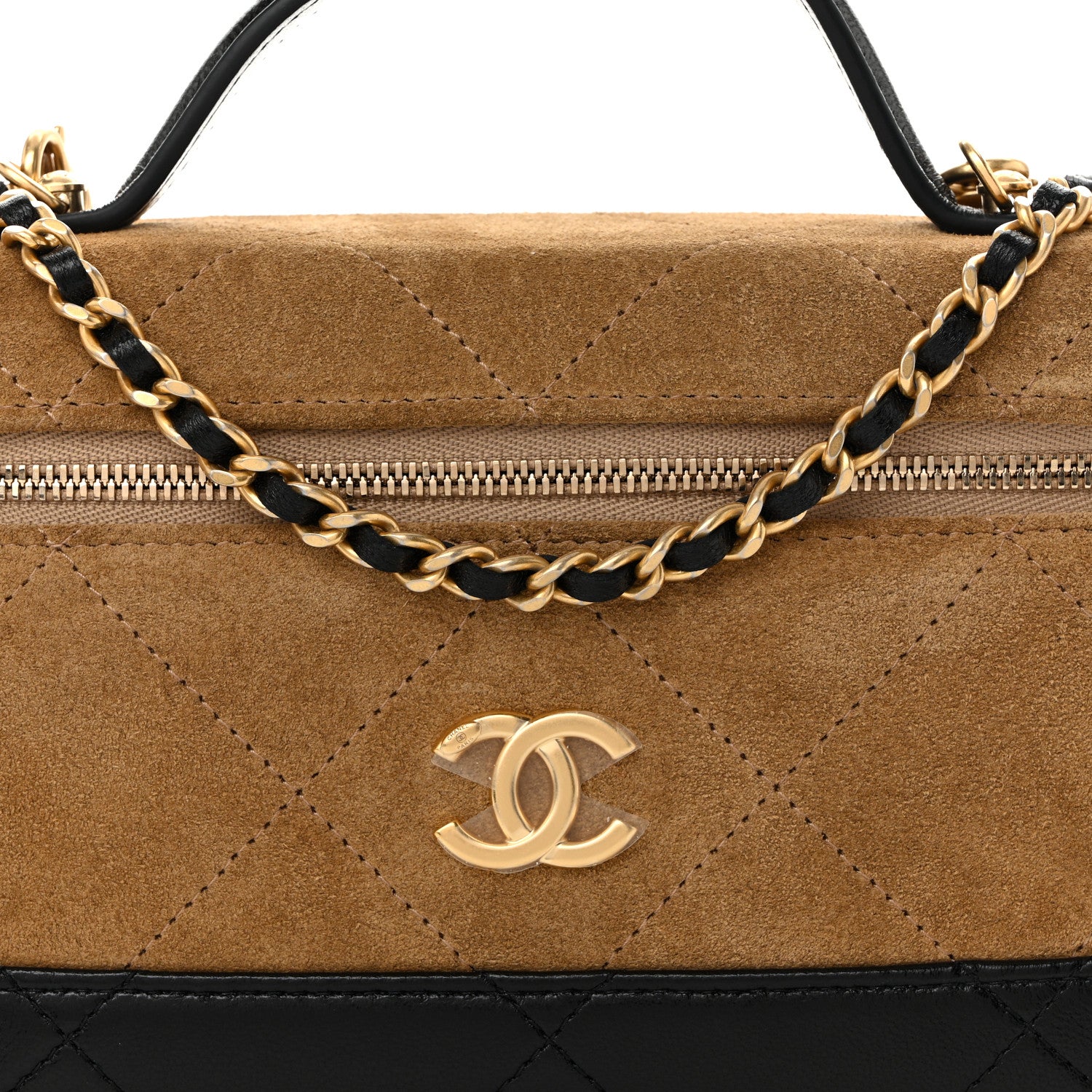 Chanel Suede Calfskin Shiny Lambskin Quilted Top Handle Slim Vanity Case With Chain Beige Black 8 of 10