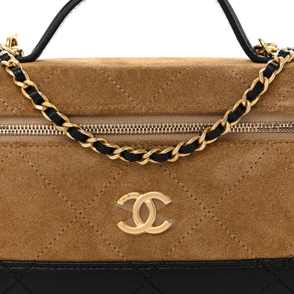 Chanel Suede Calfskin Shiny Lambskin Quilted Top Handle Slim Vanity Case With Chain Beige Black 8 of 10